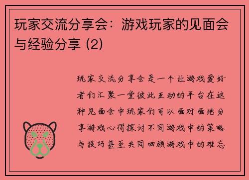 玩家交流分享会：游戏玩家的见面会与经验分享 (2)